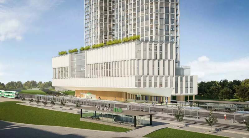 The subject application proposes the integrated redevelopment of the two sites, with a 29-story and 44-story mixed-use office and residential project, along with a new Mimico GO Station building.