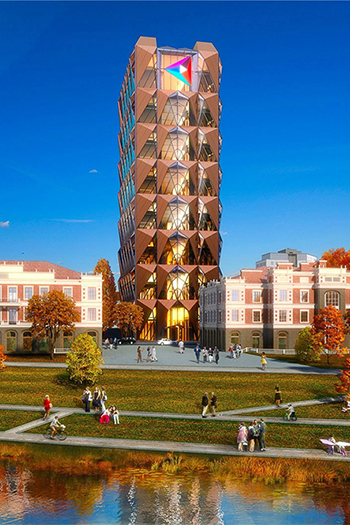 The 15-story building designed for the leading copper brings about a domestic scale to the interior layout.