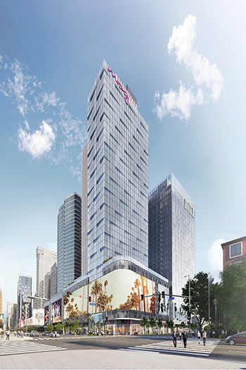 In Los Angeles, the dual-branded Moxy Los Angeles Downtown and AC Hotel Los Angeles Downtown have topped out at 37 stories. Image credit: Gensler