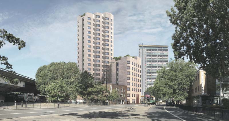 In west London, a 19-story residential project designed to serve the homeless has been proposed. Image credit: Allford Hall Monaghan Morris
