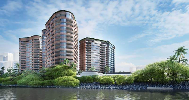 The proposed design of a residential project at 600 Coronation Drive in Brisbane echoes the ripples and curves of the nearby river. Image credit: John Wardle Architects