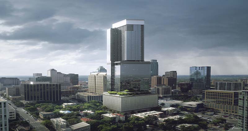 In Austin, Sixth and Guadalupe will combine nearly 93,000 square meters (over a million square feet) of office, residential, retail, and outdoor space within one building. Image credit: Gensler